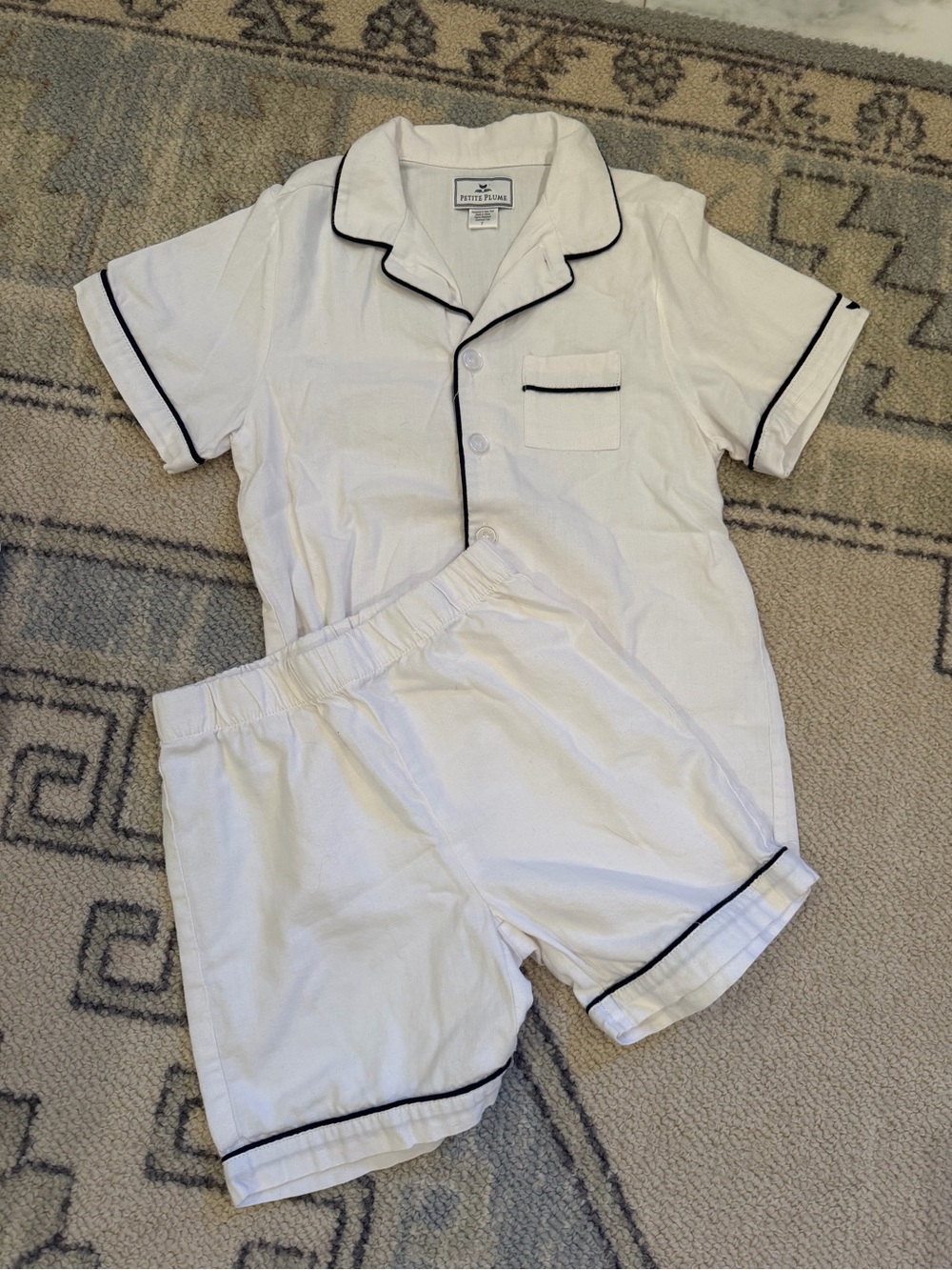 Petite Plume White Kids Short Pajama Set with Navy Piping